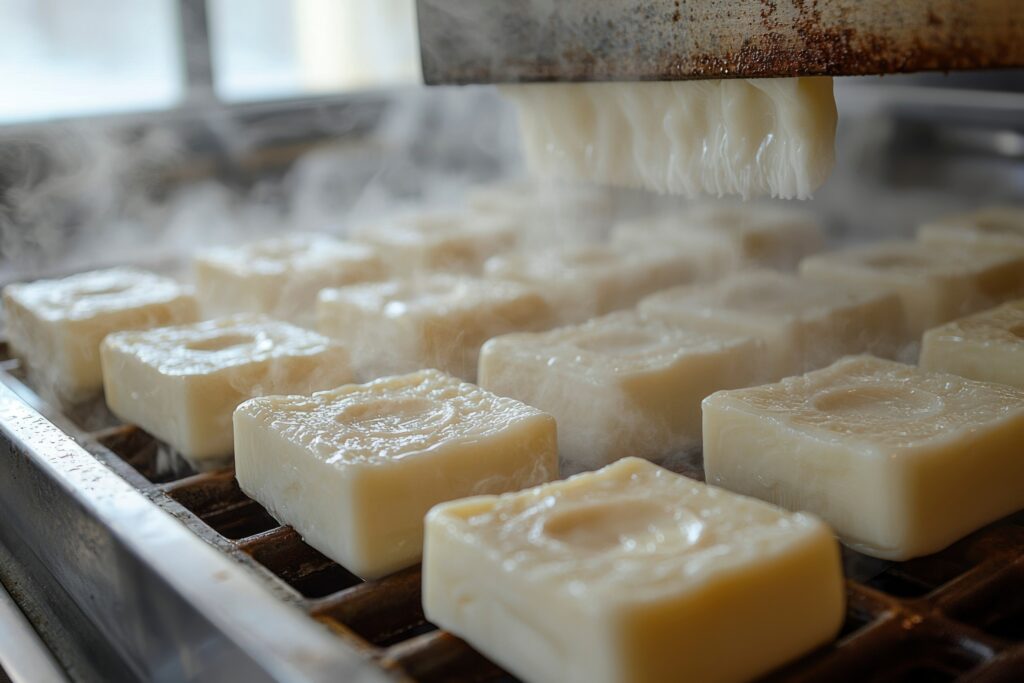 Préparation de tofu avec des morceaux de tofu chaud sur une plaque en métal