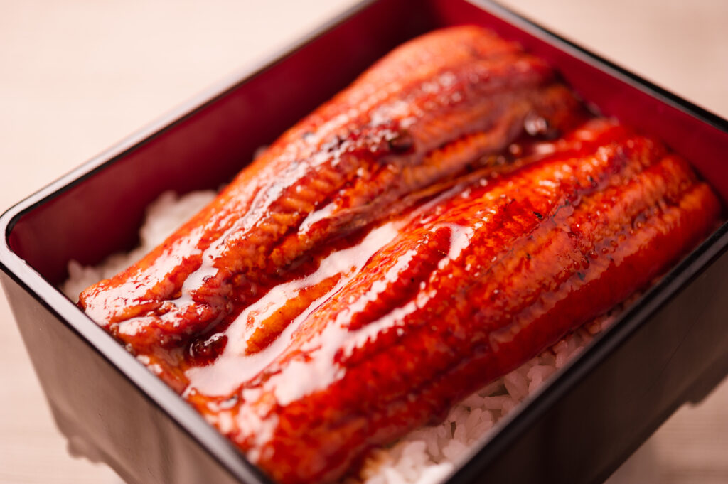 morceaux d'anguille et riz dans une boîte laqué avec la technique de laquage urushi